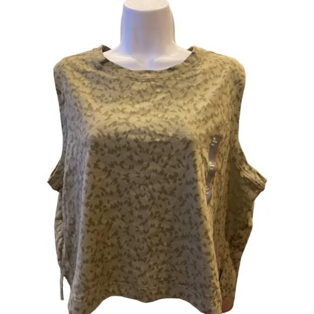 All In Motion XXL Sleeveless Boxy Fit Cropped Olive Green Floral Tank Top